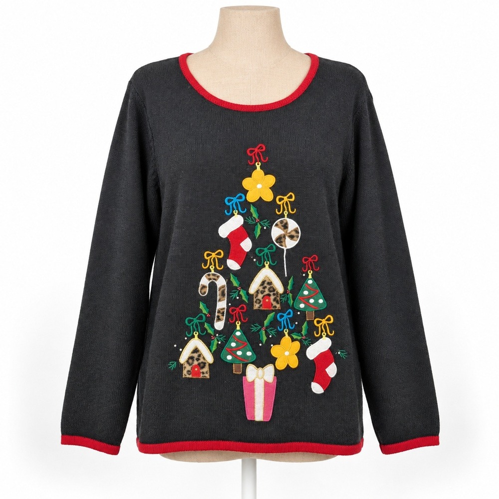 Vintage 90s Embroidered Ugly Christmas Tree Sweater Size 2X Cottagecore Winter